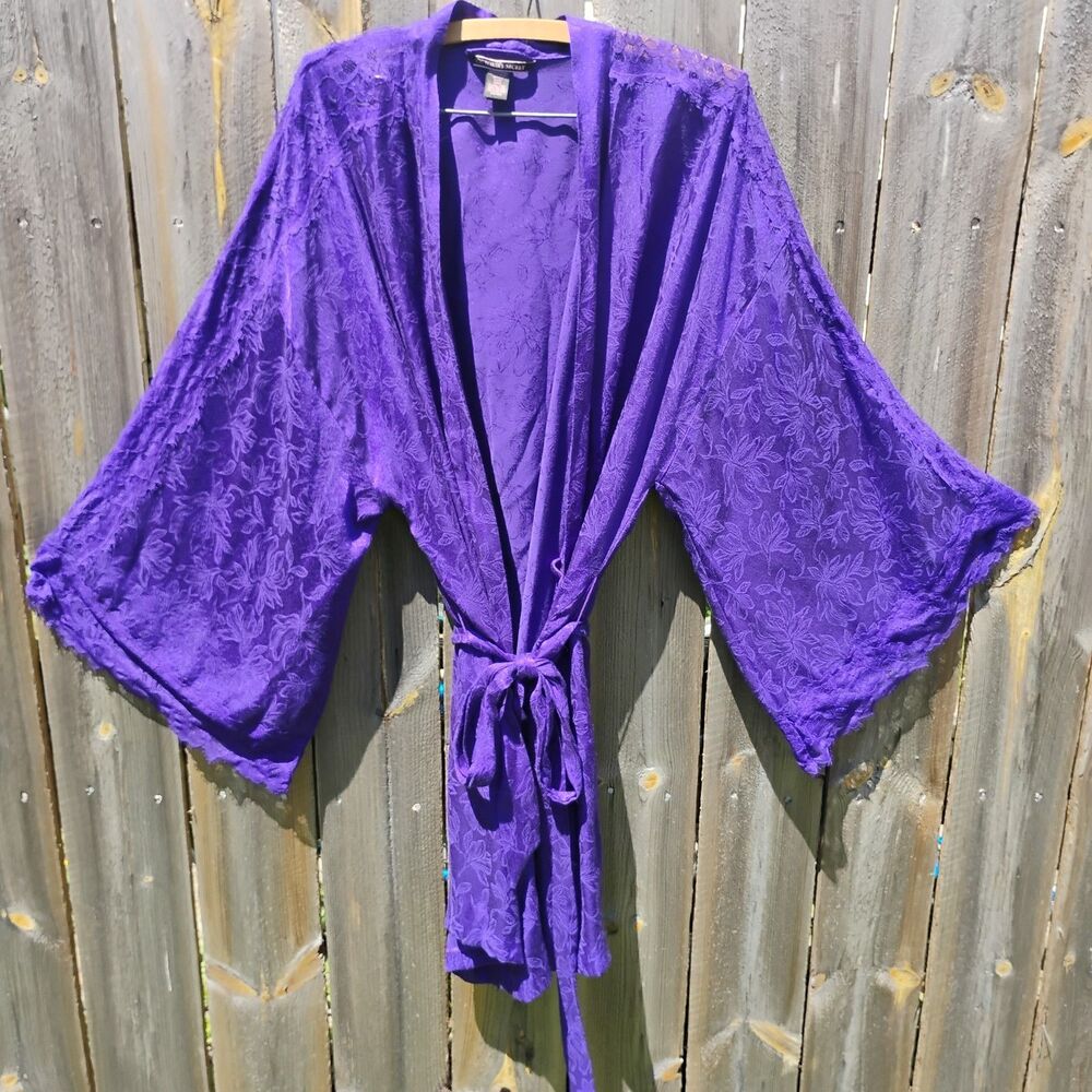 Vtg Victoria's Secret Purple Kimono Robe Lace Floral Jacquard Satin XL XXL Boho